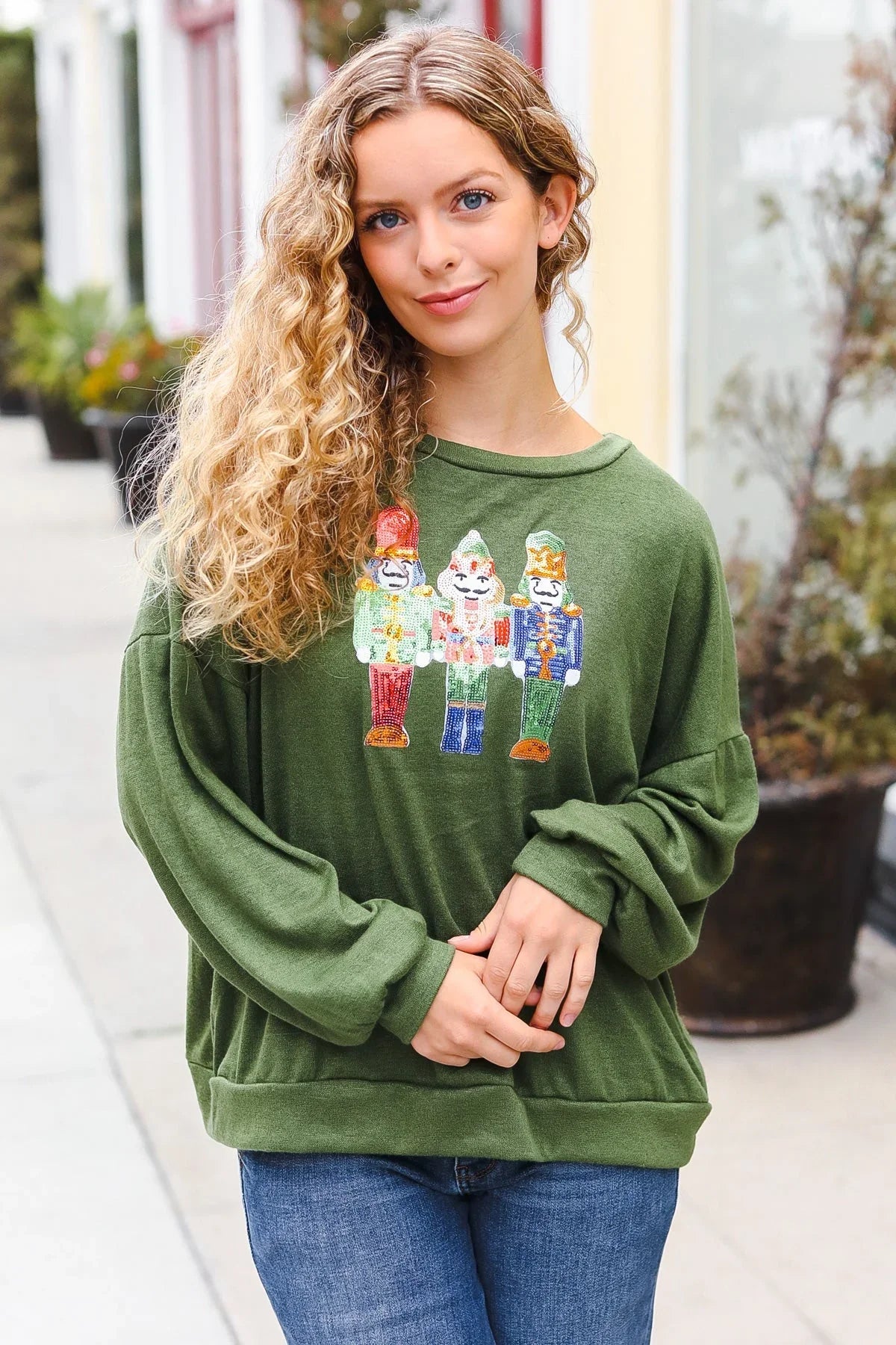 Be Merry Forest Green Nutcracker Sequin Hacci Top | Daverri Fashions