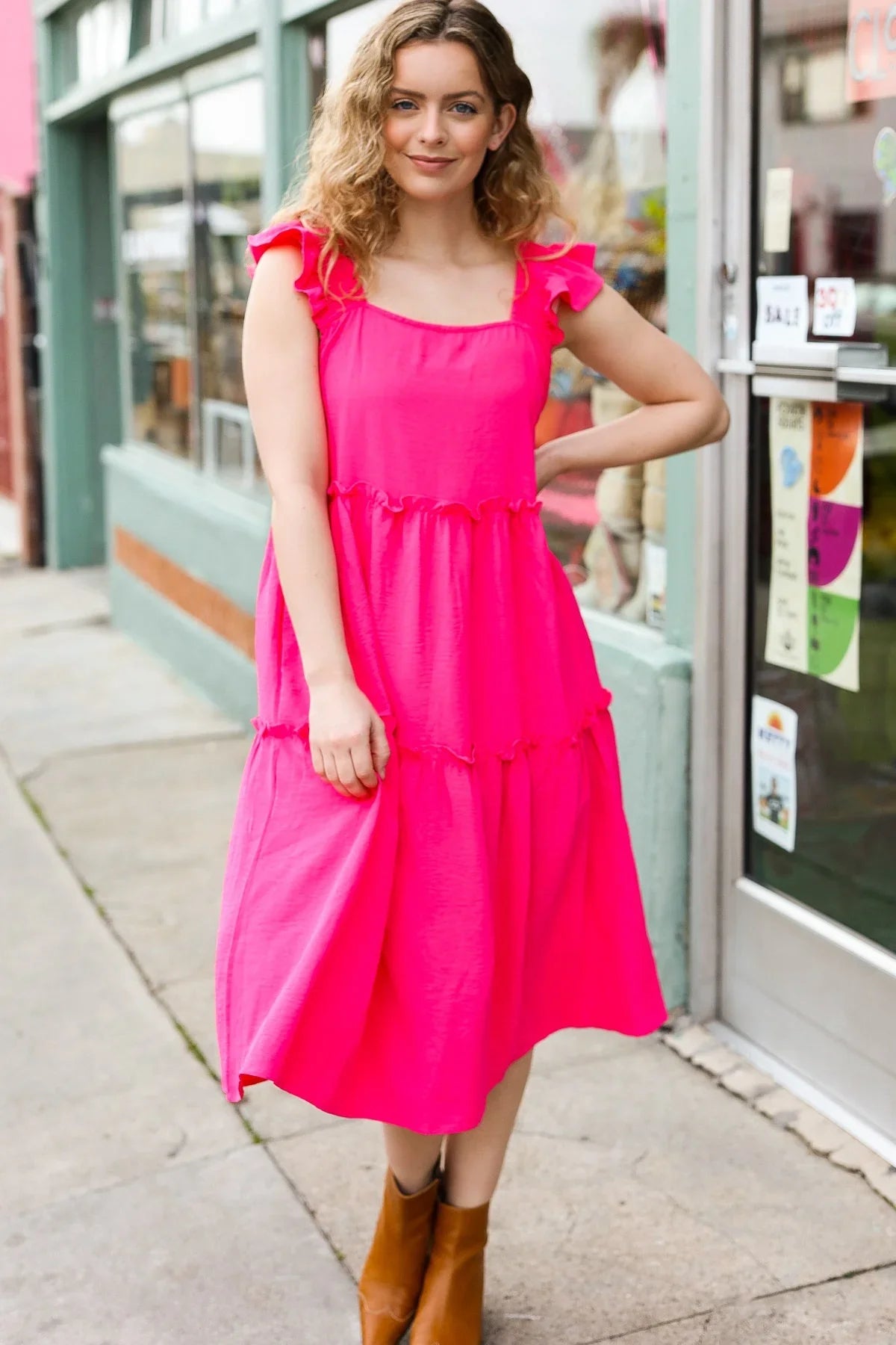Lots To Love Fuchsia Smocked Flutter Sleeve Tiered Midi Dress | Daverri Fashions