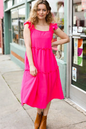 Lots To Love Fuchsia Smocked Flutter Sleeve Tiered Midi Dress | Daverri Fashions