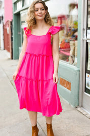 Lots To Love Fuchsia Smocked Flutter Sleeve Tiered Midi Dress | Daverri Fashions