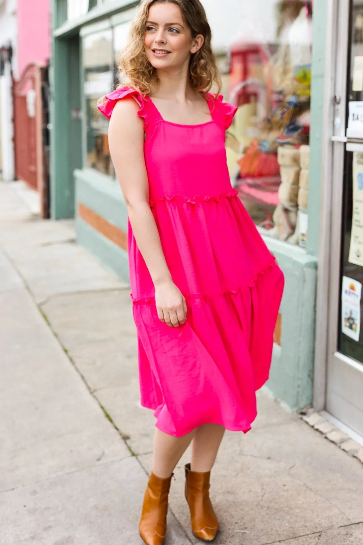 Lots To Love Fuchsia Smocked Flutter Sleeve Tiered Midi Dress | Daverri Fashions