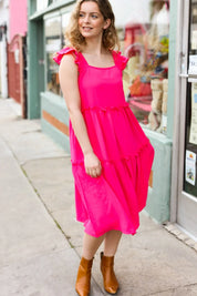 Lots To Love Fuchsia Smocked Flutter Sleeve Tiered Midi Dress | Daverri Fashions