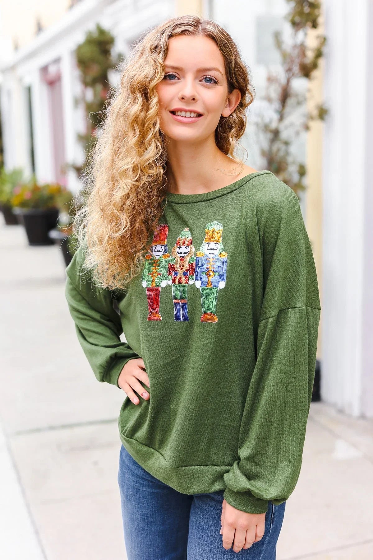 Be Merry Forest Green Nutcracker Sequin Hacci Top | Daverri Fashions