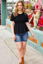 All For You Black Smocked Peplum Puff Sleeve Top | 2024 Summer Blow Out Sale Daverri Fashions