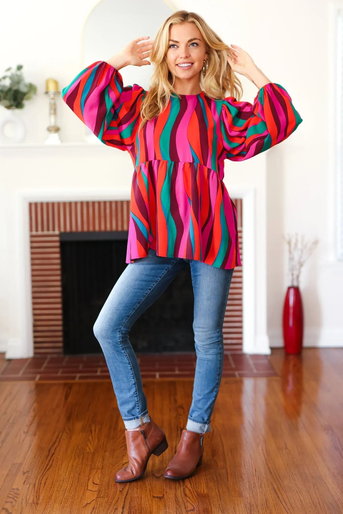 Rust & Berry Abstract Print Babydoll Air Flow Woven Top | Daverri Fashions