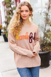 Feeling Thankful Taupe Pop Up Glittery Embroidery Sweater | Daverri Fashions