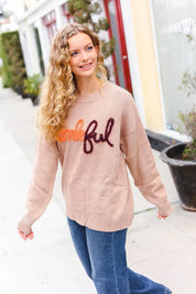 Feeling Thankful Taupe Pop Up Glittery Embroidery Sweater | Daverri Fashions