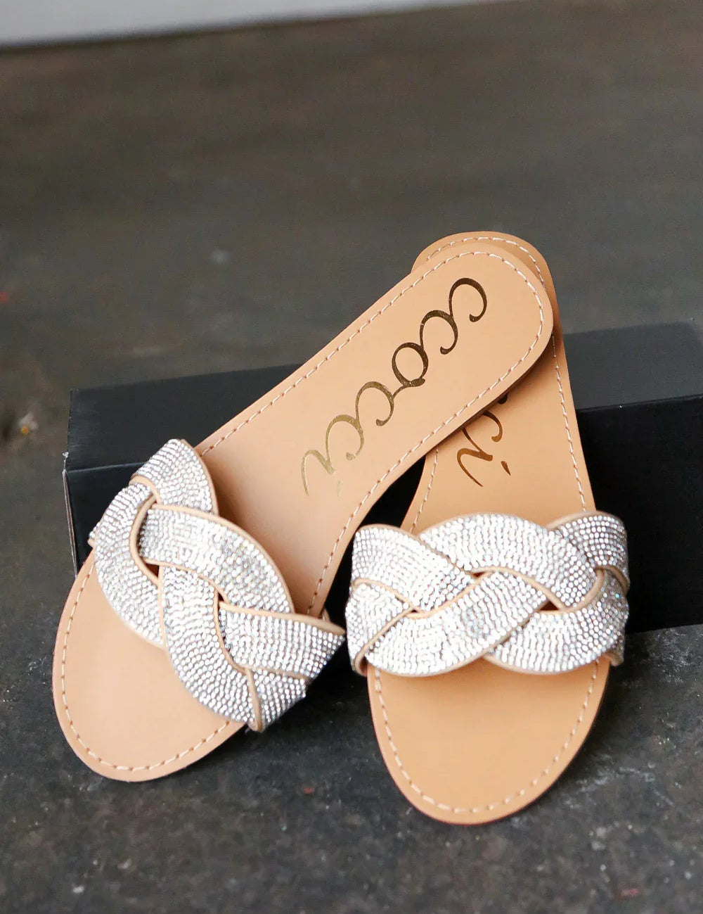 Taupe Braided Rhinestone Vegan Leather Slide Sandals | Daverri Fashions