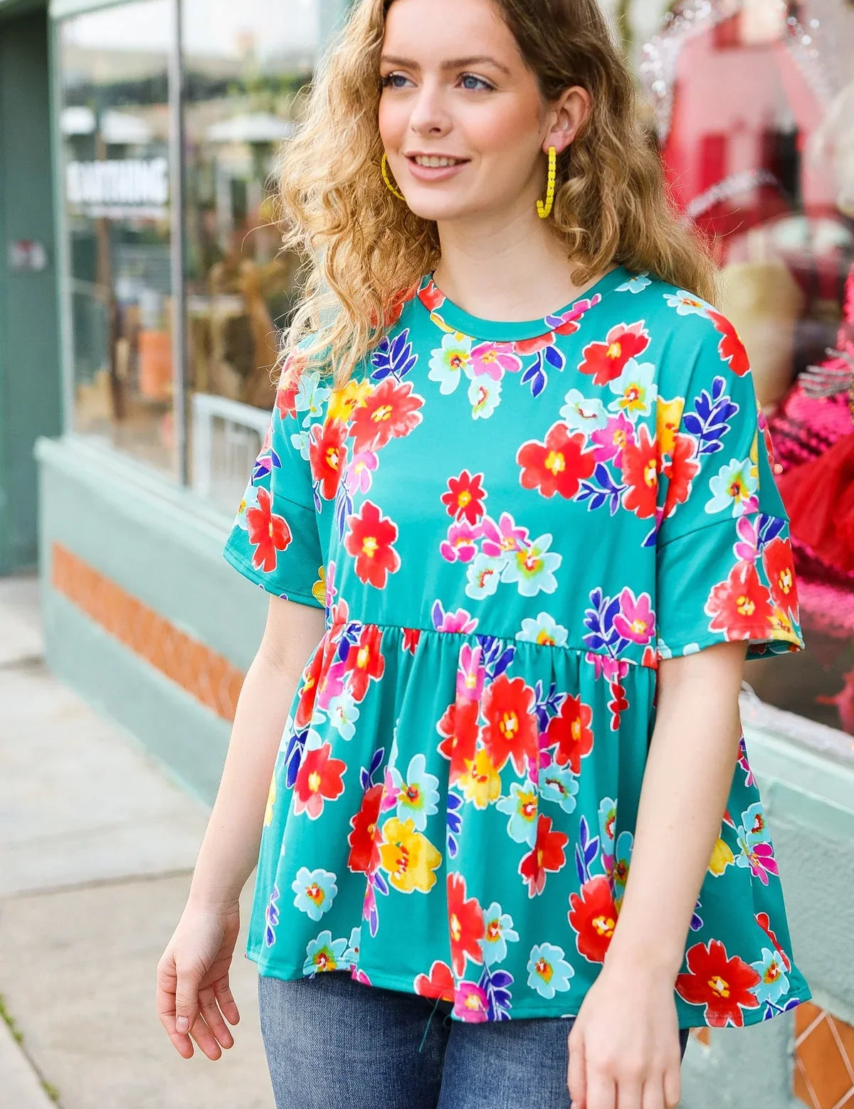 Take Me Away Teal Floral Drop Shoulder Babydoll Top | 07-01-25 Summer Sale Daverri Fashions