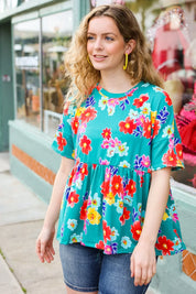Take Me Away Teal Floral Drop Shoulder Babydoll Top | 07-01-25 Summer Sale Daverri Fashions