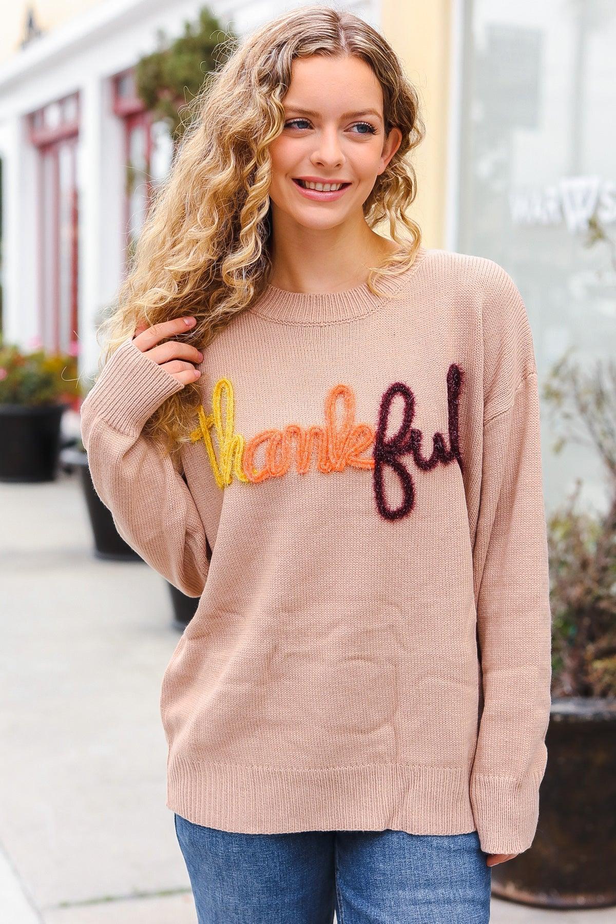 Feeling Thankful Taupe Pop Up Glittery Embroidery Sweater | Daverri Fashions