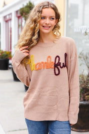 Feeling Thankful Taupe Pop Up Glittery Embroidery Sweater | Daverri Fashions