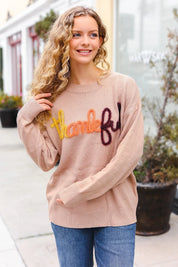 Feeling Thankful Taupe Pop Up Glittery Embroidery Sweater | Daverri Fashions