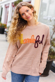 Feeling Thankful Taupe Pop Up Glittery Embroidery Sweater | Daverri Fashions
