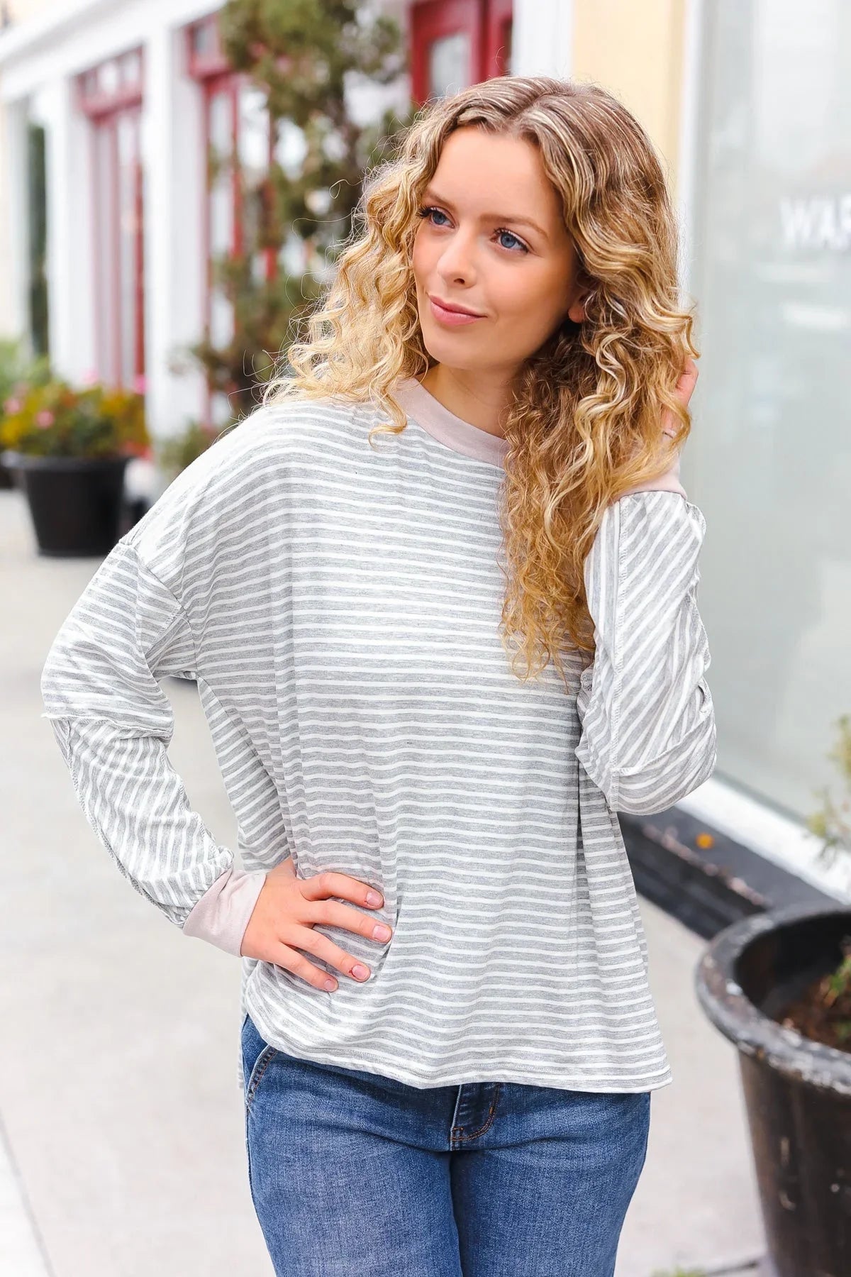 Spread Joy Grey & Ivory Striped Oversized Top | Daverri Fashions