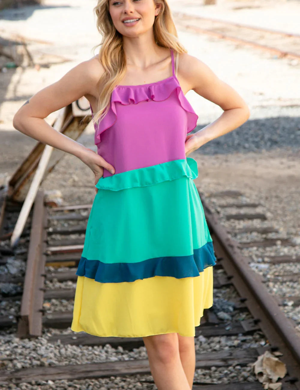Fuchsia Shoulder Strap Color Block Tiered Ruffle Dress | Daverri Fashions