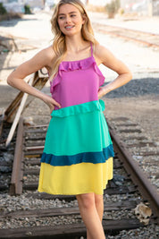 Fuchsia Shoulder Strap Color Block Tiered Ruffle Dress | Daverri Fashions