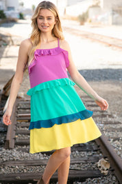 Fuchsia Shoulder Strap Color Block Tiered Ruffle Dress | Daverri Fashions