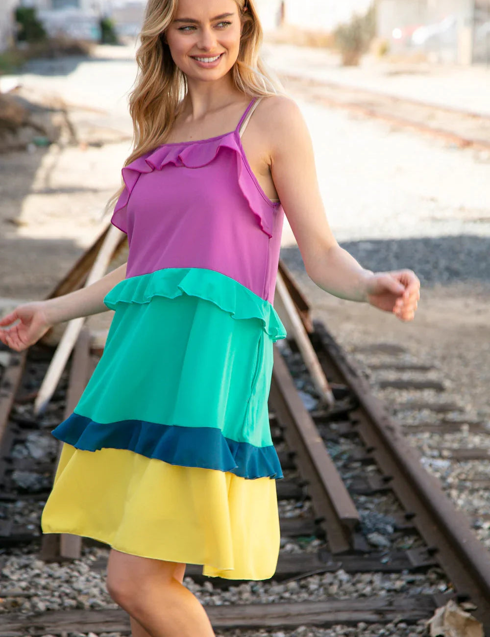 Fuchsia Shoulder Strap Color Block Tiered Ruffle Dress | Daverri Fashions