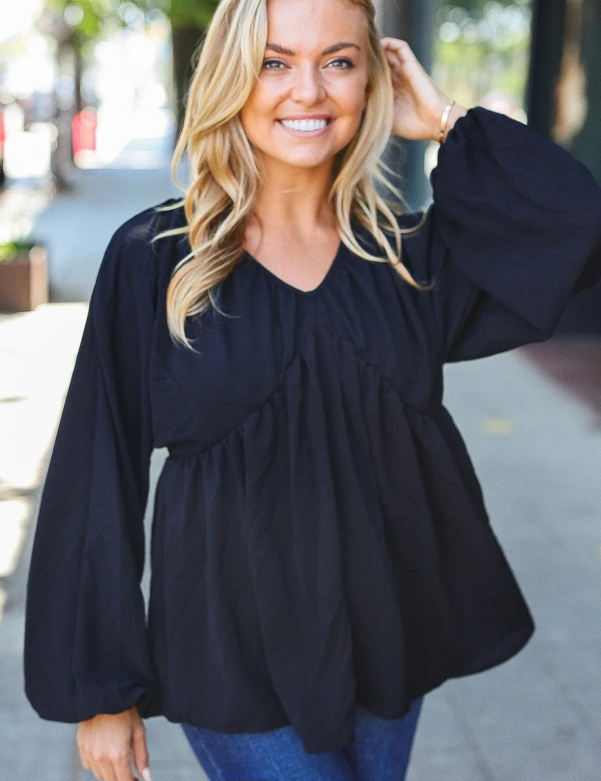 Simple Elegance Black V Neck Babydoll Woven Top | Daverri Fashions