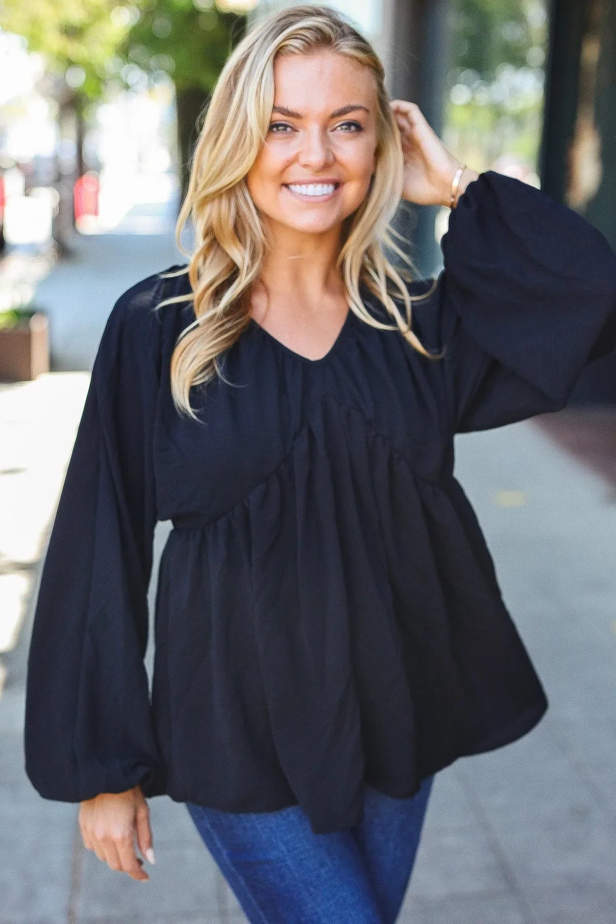 Simple Elegance Black V Neck Babydoll Woven Top | Daverri Fashions