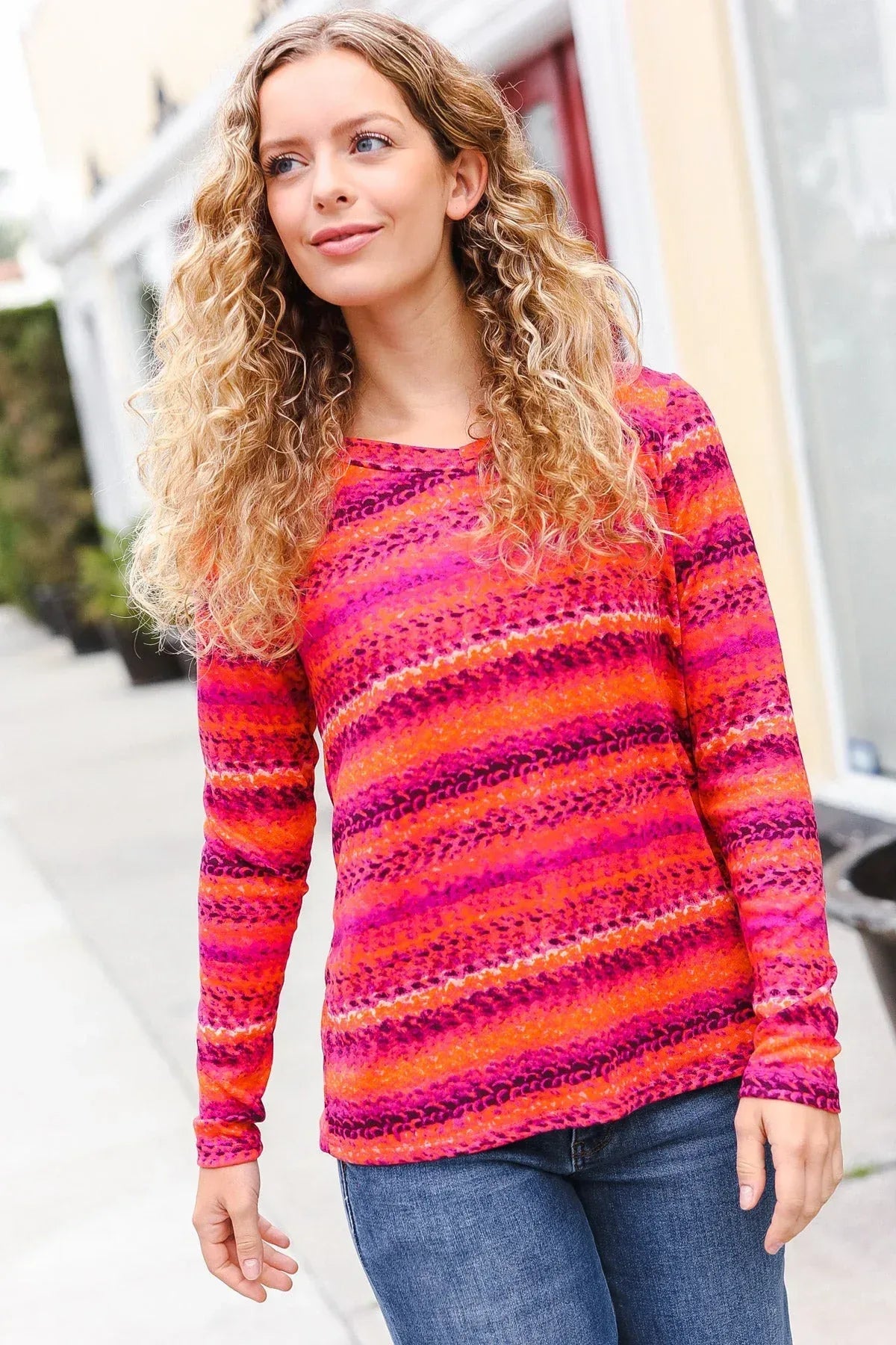 Be Bold Flame & Magenta Striped Cable Knit Print Hacci Top - DAVERRI FASHIONS