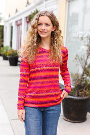 Be Bold Flame & Magenta Striped Cable Knit Print Hacci Top | 2024 Blow-Out Sale Daverri Fashions