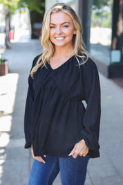 Simple Elegance Black V Neck Babydoll Woven Top | Daverri Fashions