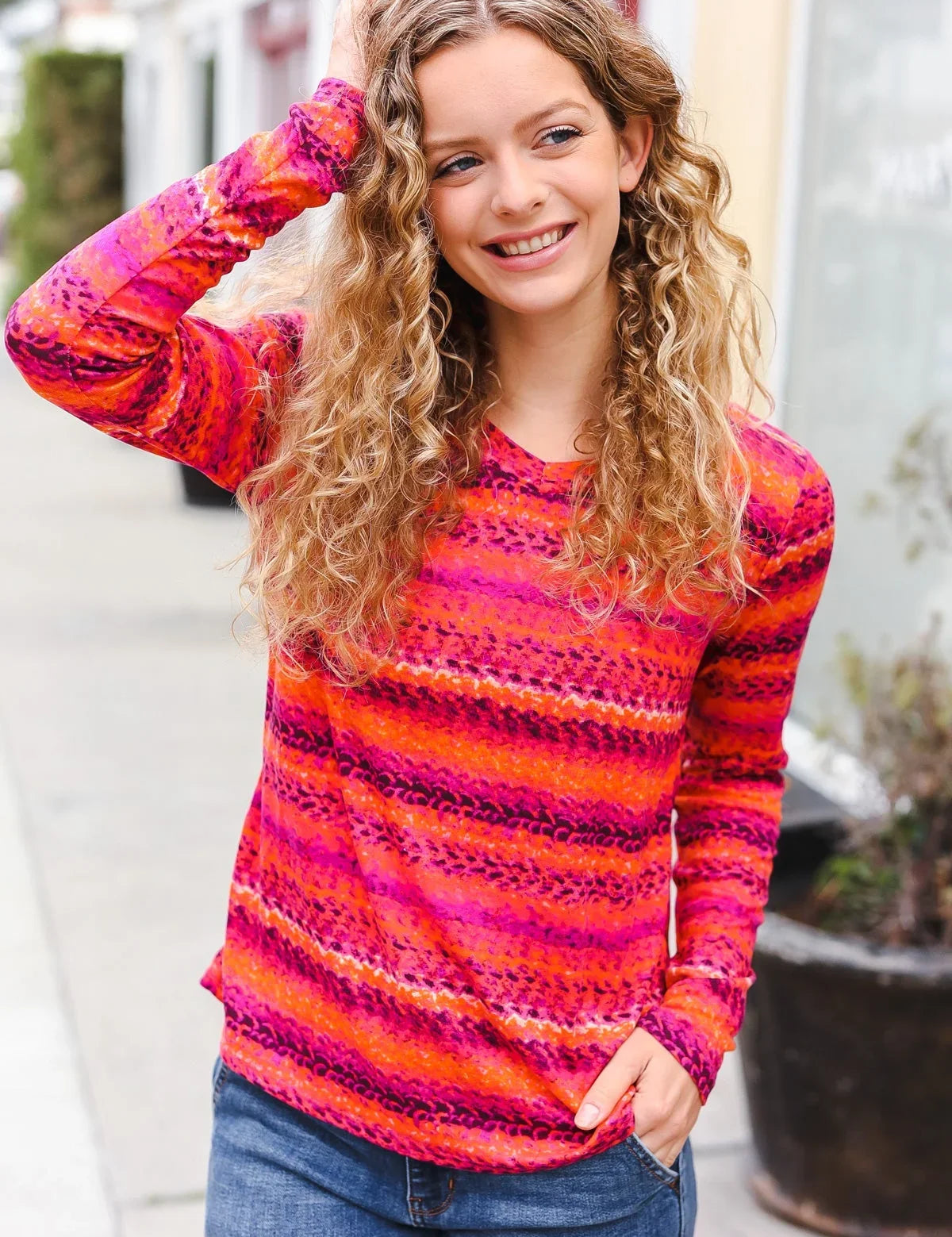 Be Bold Flame & Magenta Striped Cable Knit Print Hacci Top | 2024 Blow-Out Sale Daverri Fashions