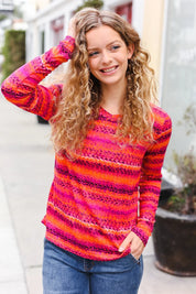 Be Bold Flame & Magenta Striped Cable Knit Print Hacci Top | 2024 Blow-Out Sale Daverri Fashions