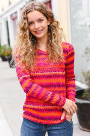 Be Bold Flame & Magenta Striped Cable Knit Print Hacci Top | 2024 Blow-Out Sale Daverri Fashions