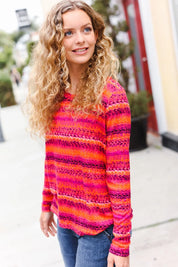 Be Bold Flame & Magenta Striped Cable Knit Print Hacci Top | 2024 Blow-Out Sale Daverri Fashions