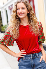 Warmest Wishes Red & Green Sequin Puff Sleeve Velvet Top | Daverri Fashions