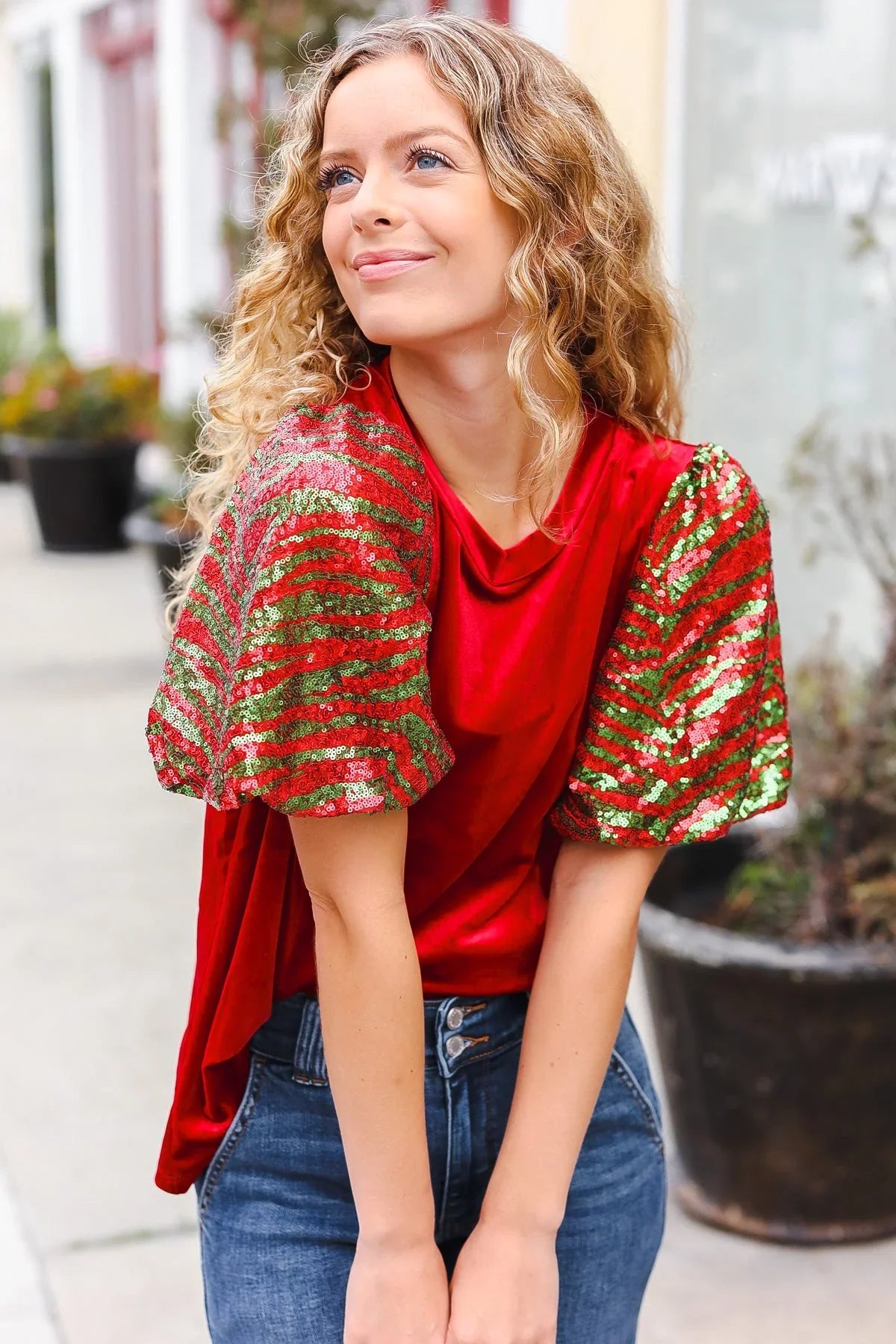 Warmest Wishes Red & Green Sequin Puff Sleeve Velvet Top | Daverri Fashions