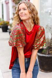 Warmest Wishes Red & Green Sequin Puff Sleeve Velvet Top | Daverri Fashions