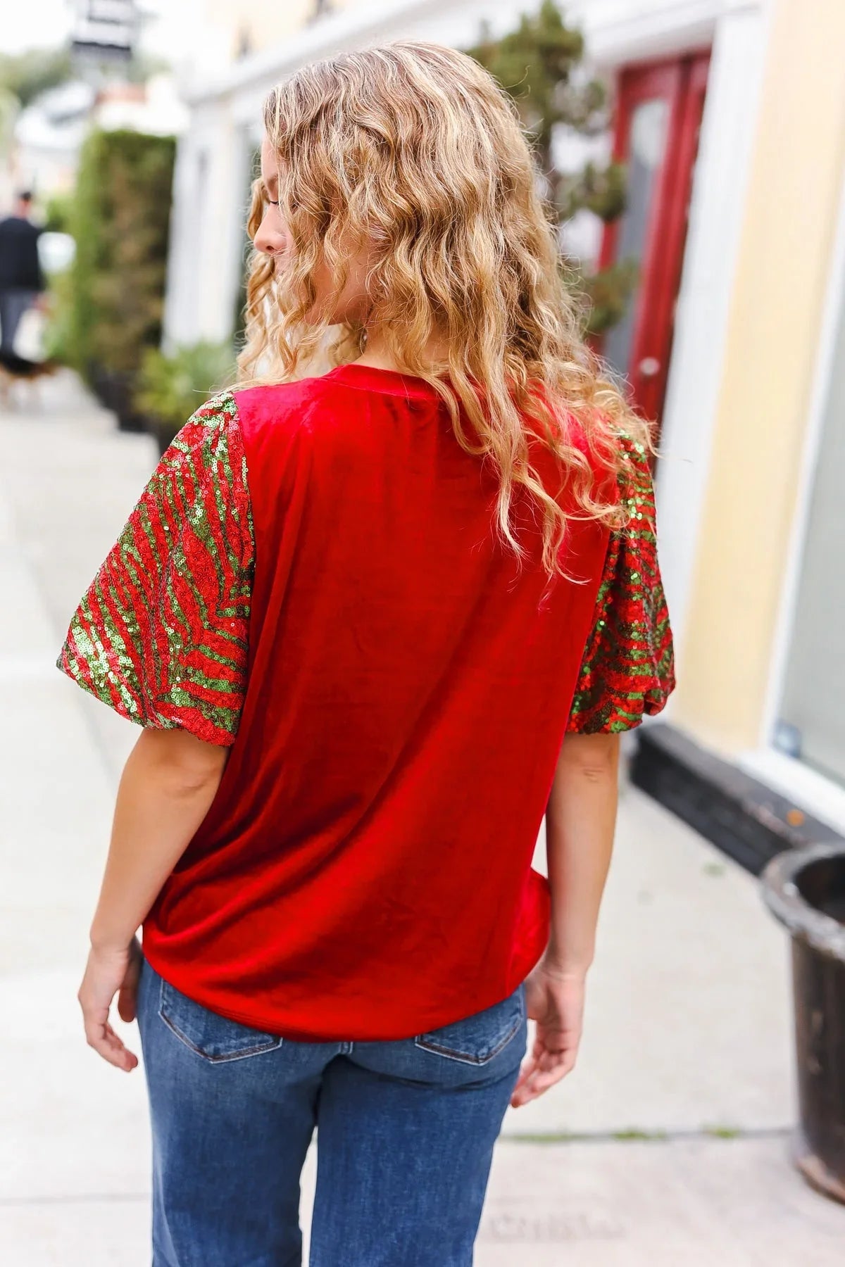 Warmest Wishes Red & Green Sequin Puff Sleeve Velvet Top | Daverri Fashions