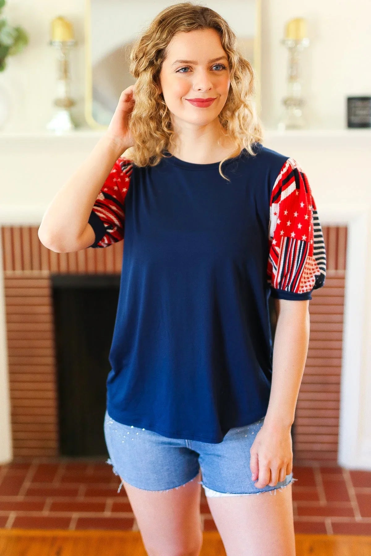Stand-Out Navy Patriotic Patchwork Puff Sleeve Top | Daverri Fashions