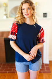 Stand-Out Navy Patriotic Patchwork Puff Sleeve Top | Daverri Fashions