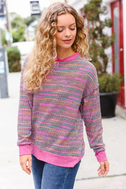 Bring Joy Magenta Multicolor Textured Waffle Knit Sweater | Daverri Fashions