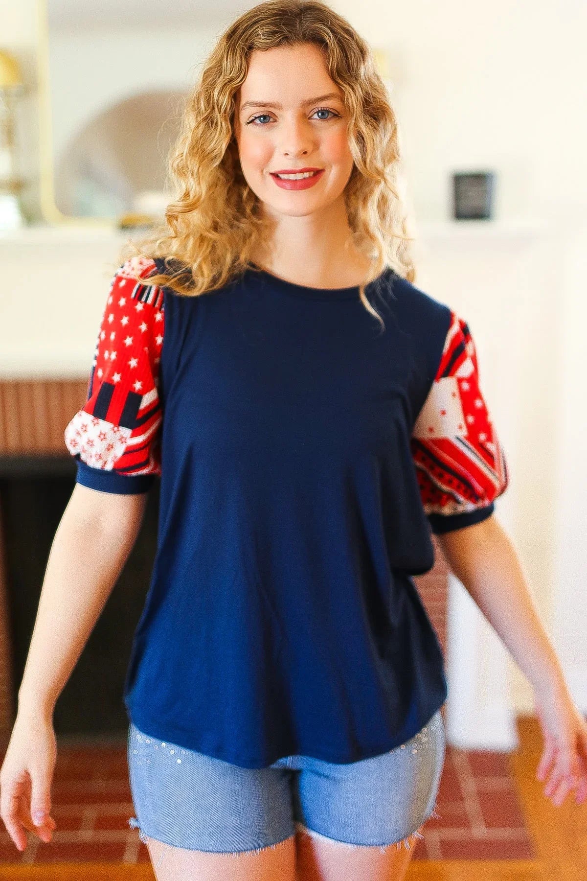 Stand-Out Navy Patriotic Patchwork Puff Sleeve Top | Daverri Fashions