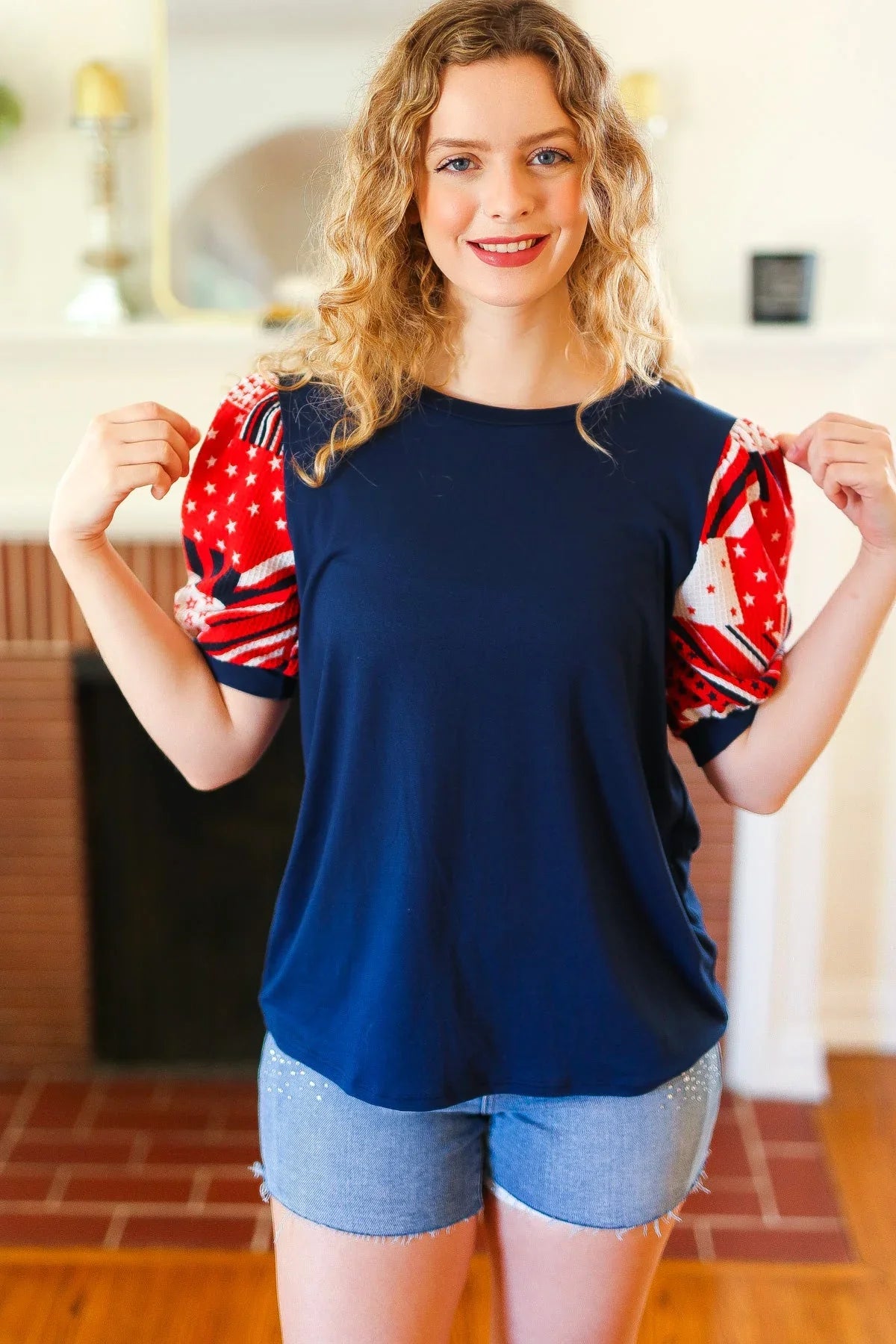 Stand-Out Navy Patriotic Patchwork Puff Sleeve Top | Daverri Fashions