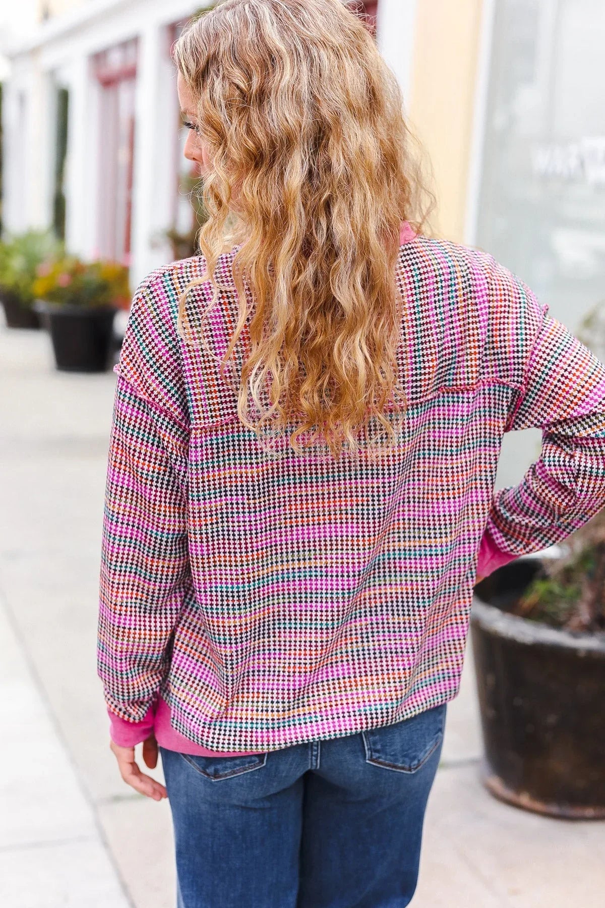 Bring Joy Magenta Multicolor Textured Waffle Knit Sweater | Daverri Fashions