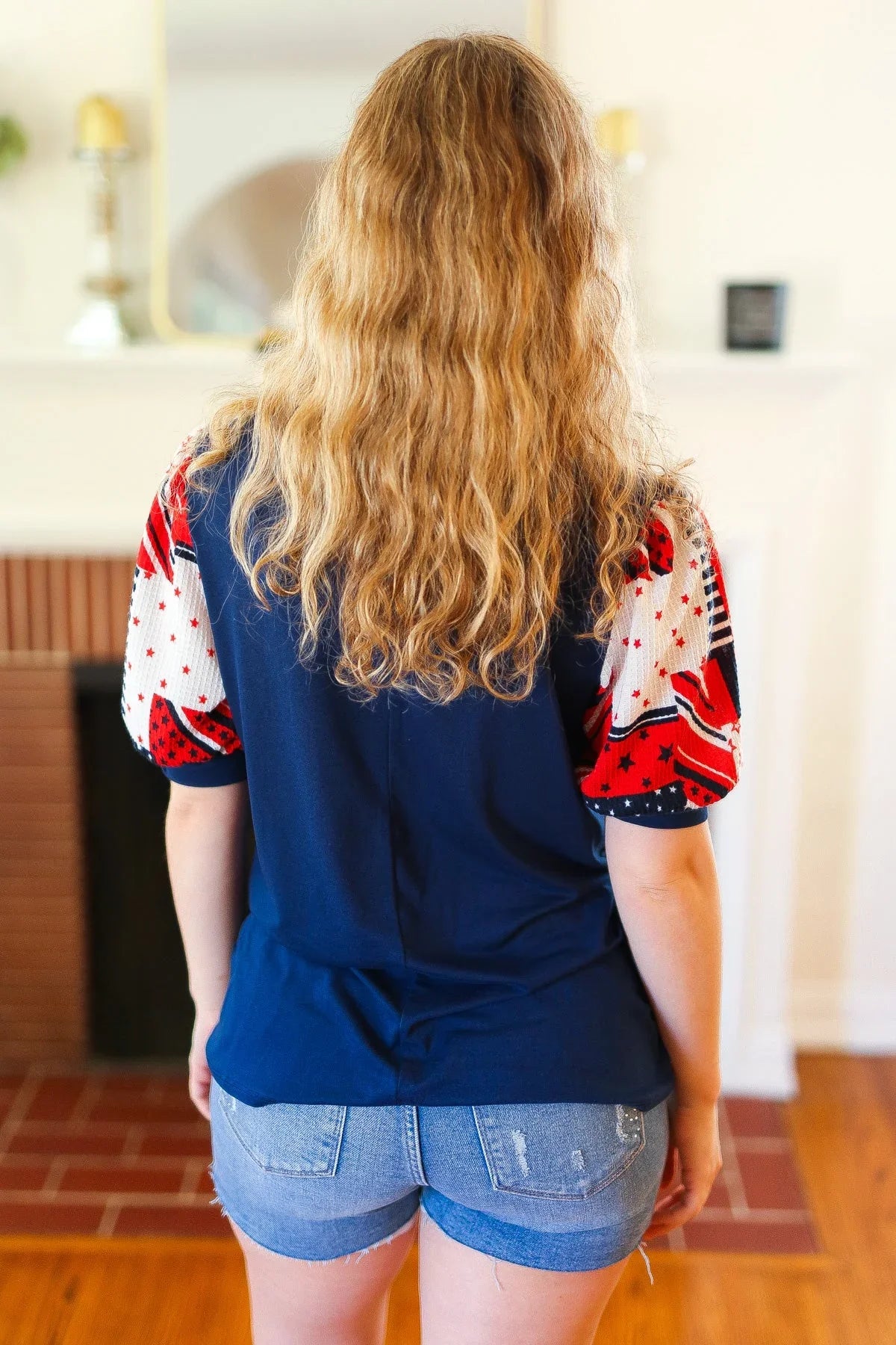 Stand-Out Navy Patriotic Patchwork Puff Sleeve Top | Daverri Fashions