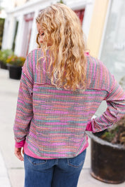 Bring Joy Magenta Multicolor Textured Waffle Knit Sweater | Daverri Fashions