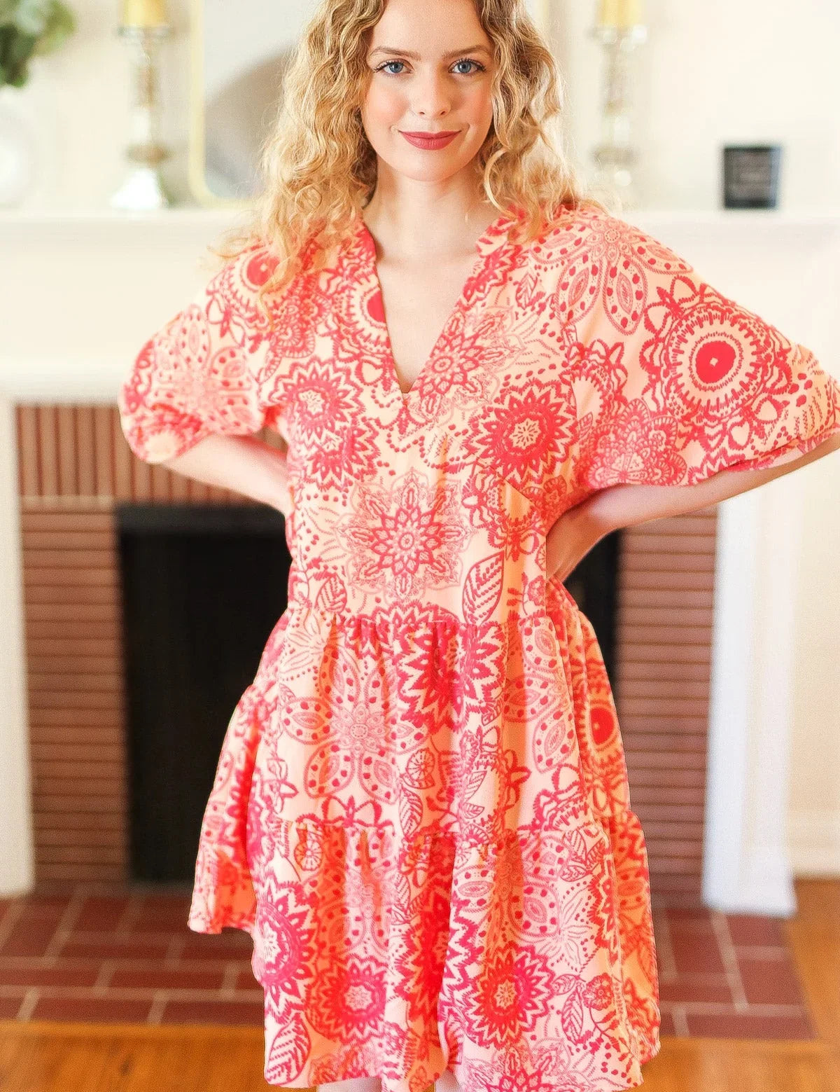 All You Need Peach & Coral Boho Floral V Neck Dress | Daverri Fashions