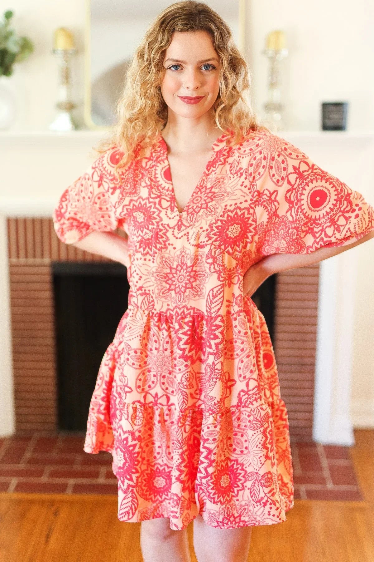 All You Need Peach & Coral Boho Floral V Neck Dress | Daverri Fashions