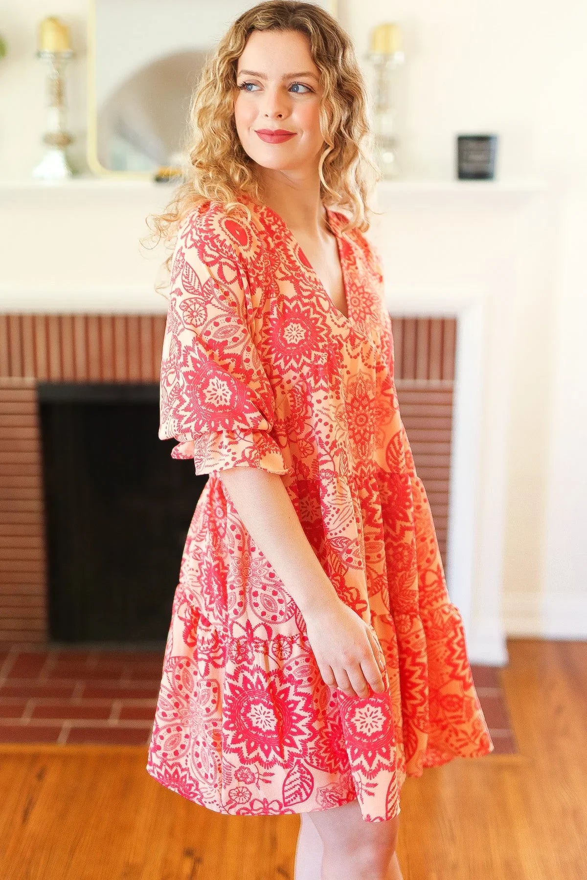 All You Need Peach & Coral Boho Floral V Neck Dress | Daverri Fashions