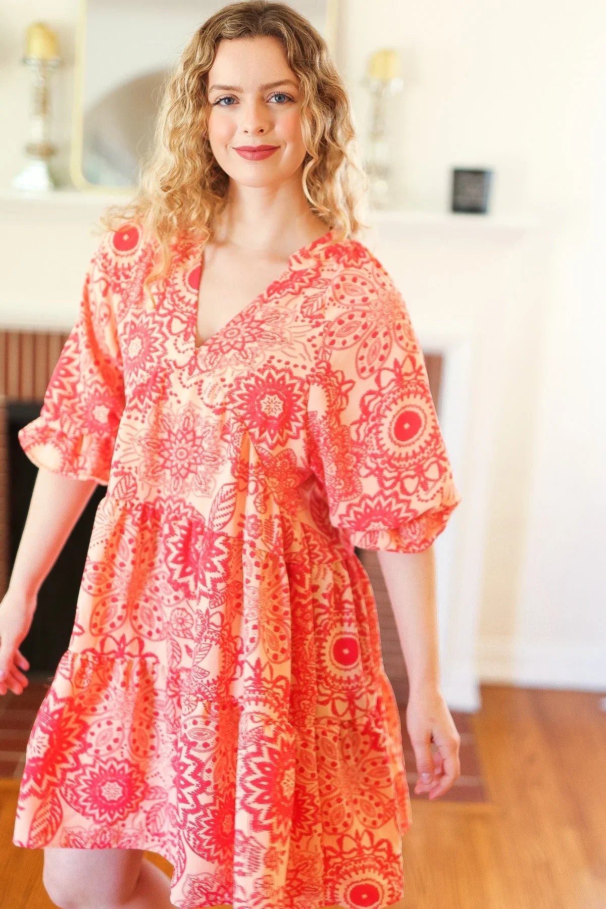 All You Need Peach & Coral Boho Floral V Neck Dress | Daverri Fashions