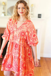 All You Need Peach & Coral Boho Floral V Neck Dress | Daverri Fashions