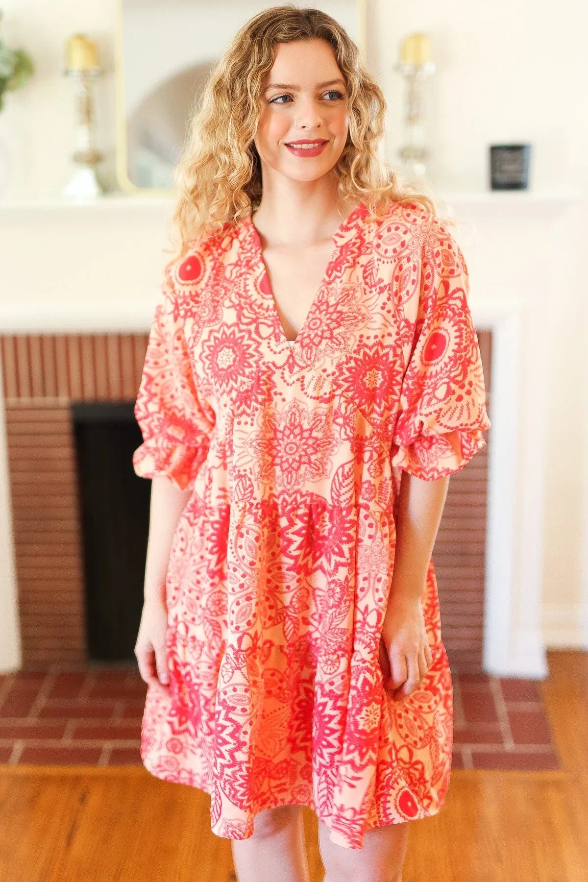 All You Need Peach & Coral Boho Floral V Neck Dress | Daverri Fashions